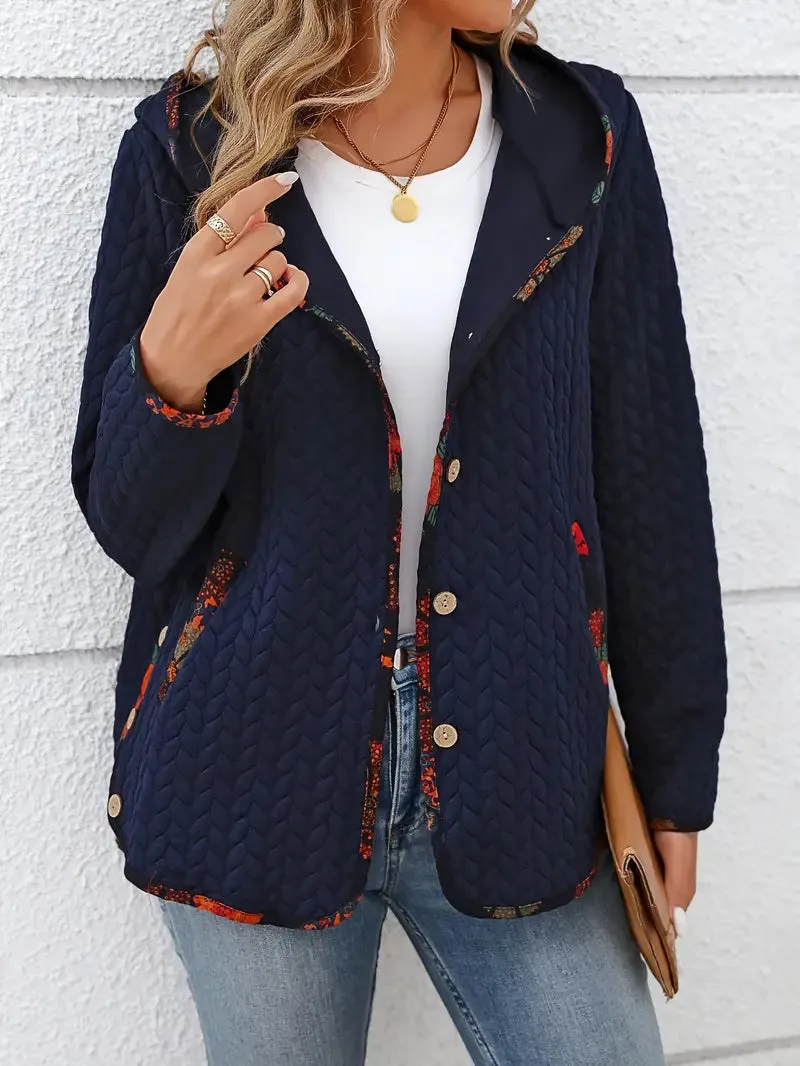 Damen Cable Knit Hoodie mit Knopfleiste Tasche