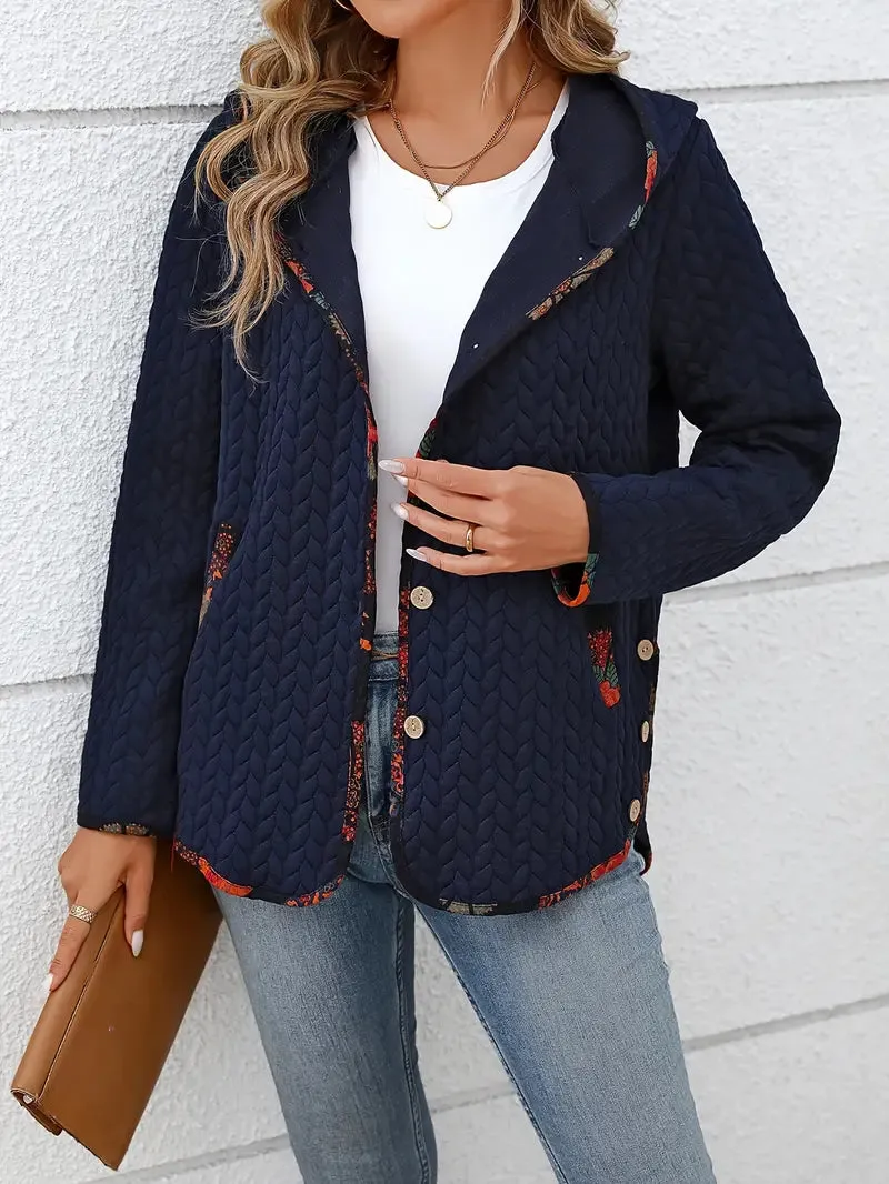 Damen Cable Knit Hoodie mit Knopfleiste Tasche