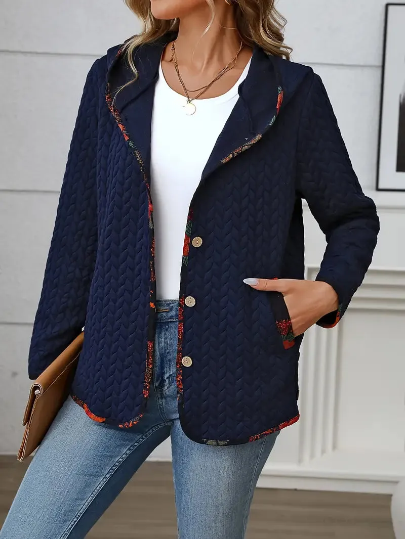 Damen Cable Knit Hoodie mit Knopfleiste Tasche