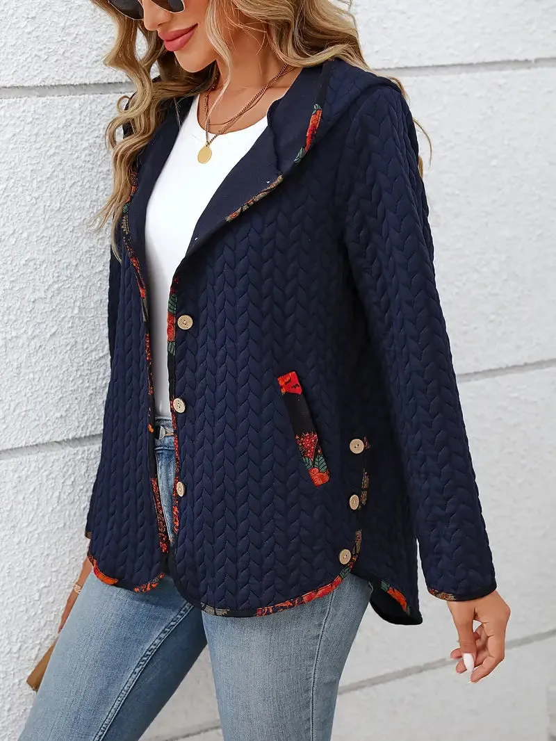 Damen Cable Knit Hoodie mit Knopfleiste Tasche