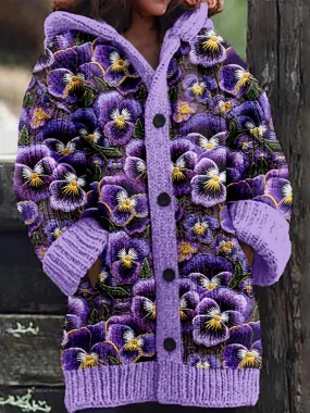 Heidi-Mode | Blumen Kunst Druck Knopf Dicke Lange Ärmel Hoodie Cardigan