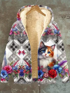 Heidi-Mode | Damen Hoodie mit Katzenblumenmuster Tasche Reißverschluss Fleece Sweatshirt Jacke