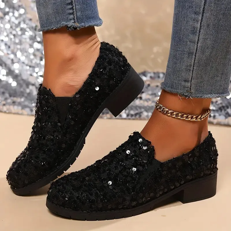 Heidi-Mode | Damen-Mokassins mit Pailletten und Blockabsatz