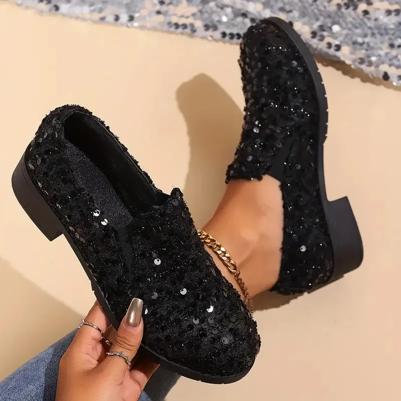 Heidi-Mode | Damen-Mokassins mit Pailletten und Blockabsatz