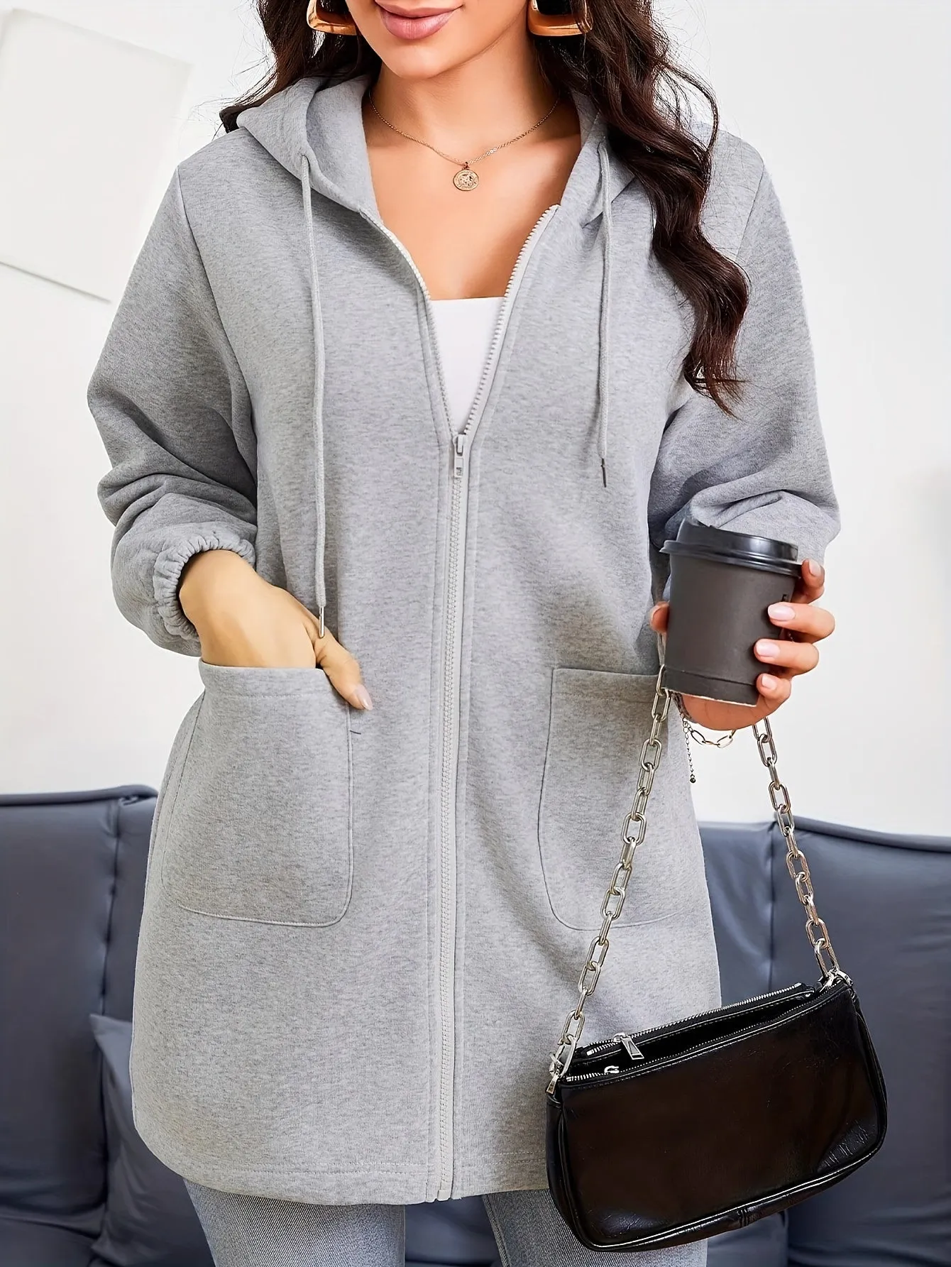 Heidi-Mode | Hellgrauer Damen-Plain-Hoodie mit Kordelzug und Taschen