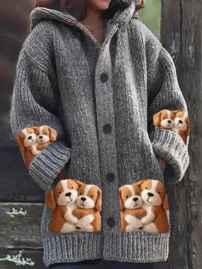 Heidi-Mode | Puppy Art Print Dicke Knopf Lange Ärmel Hoodie Cardigan